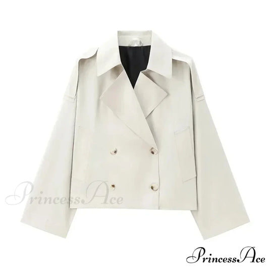 Solid Loose Contrast Double Collar Double Breasted Long Women’s Windbreaker Office Lady 2024 Stylish Coat BEIGE / XS