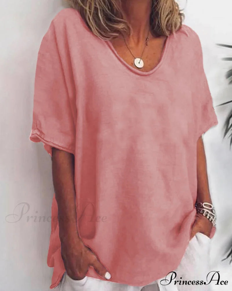 Solid Loose T-Shirt in Neck Round Color Pink / S