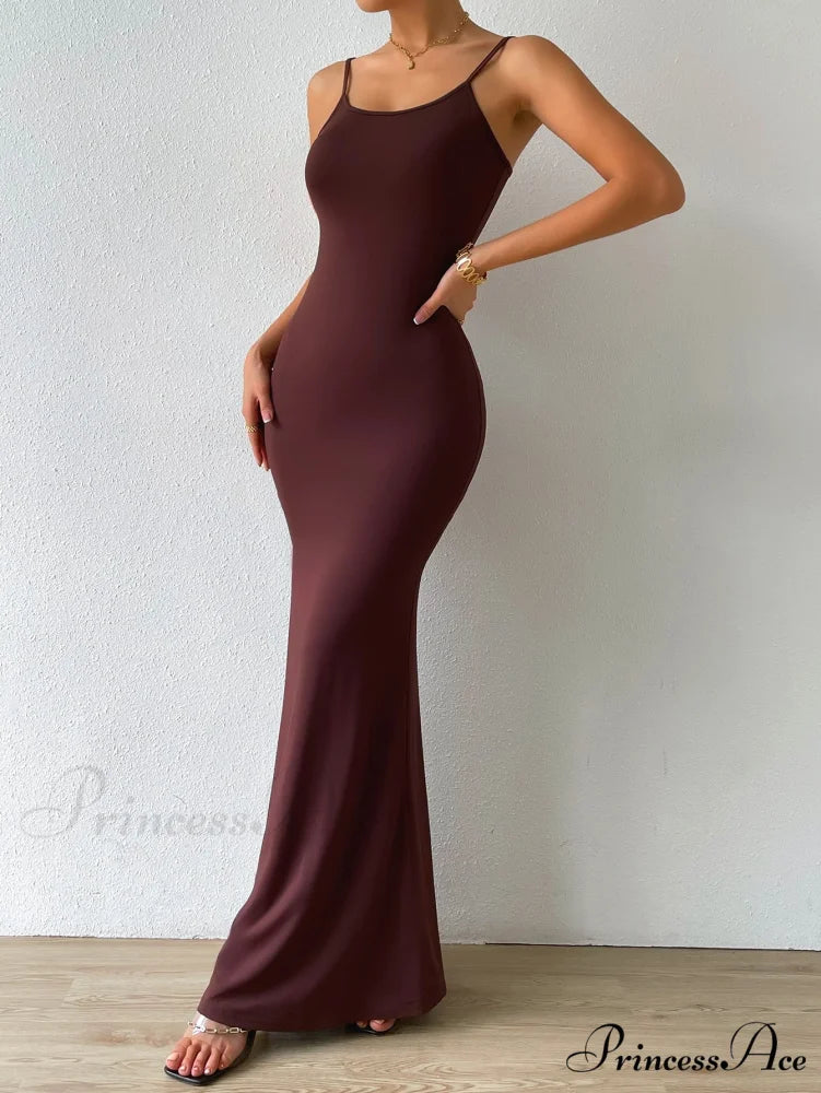 Solid Mermaid Hem Cami Dress Coffee Brown / XS