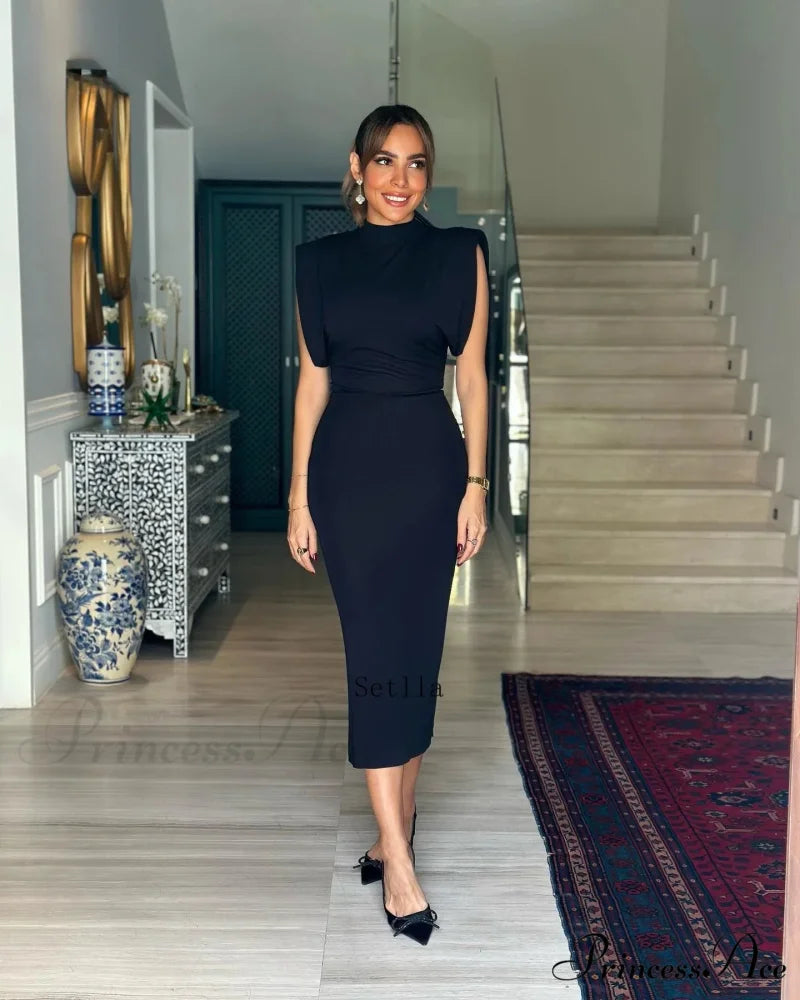 Solid O Neck Women’s Sexy Rear Split High Waisted Elegant Office Lady Commuting Streetwear Robes Midi Dress