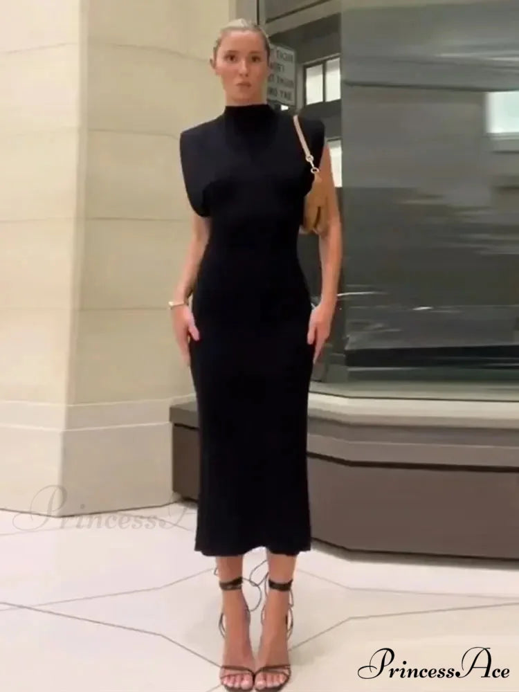 Solid O Neck Women’s Sexy Rear Split High Waisted Elegant Office Lady Commuting Streetwear Robes Midi Dress BLACK / S