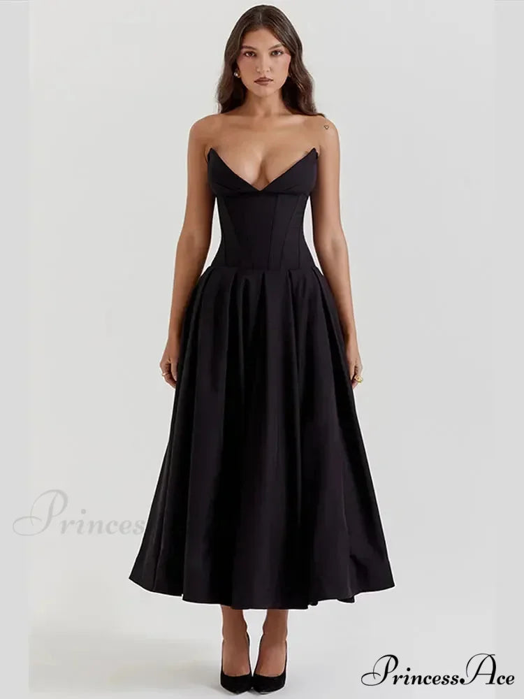 Solid Off-shoulder Chic Backless Strapless High-waisted Elegant Maxi Dress Black / XS
