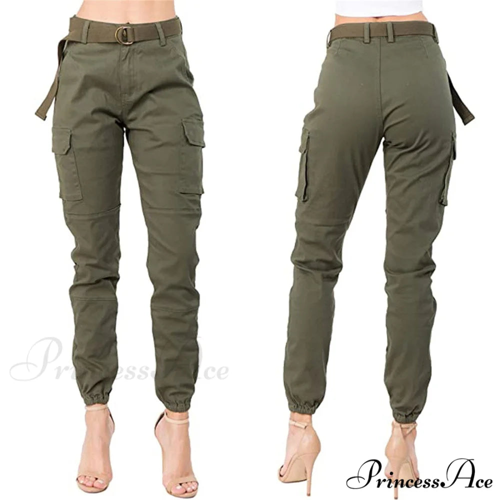 Solid Pants With Belt Wide Pants Pantalones Army Green / S