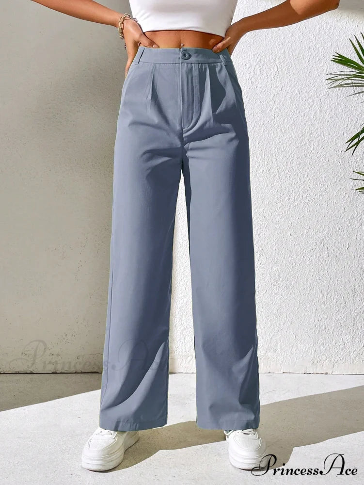 Solid Plicated Detail Straight Leg Pants Blue / Petite XXS