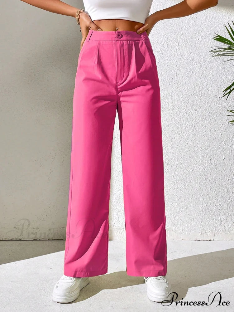 Solid Plicated Detail Straight Leg Pants Hot Pink / Petite XXS