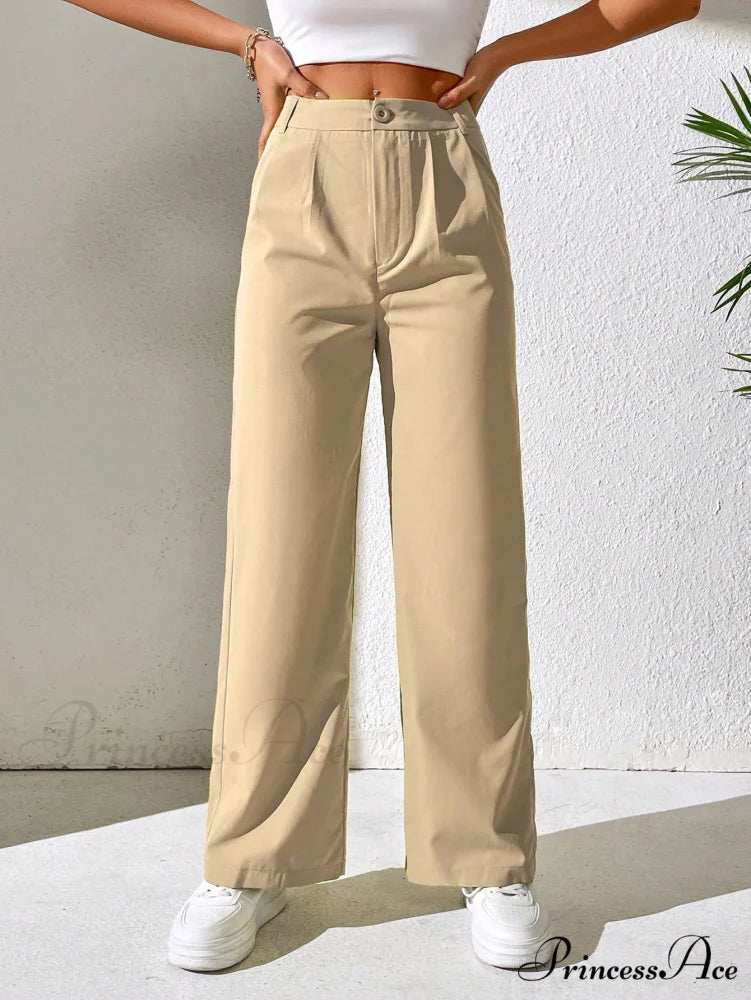Solid Plicated Detail Straight Leg Pants Khaki / Petite XXS