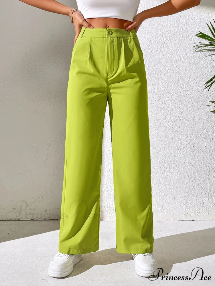 Solid Plicated Detail Straight Leg Pants Lime Green / Petite XXS