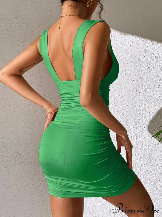 Solid Plunging Neck Side Overlay Bodycon Dress
