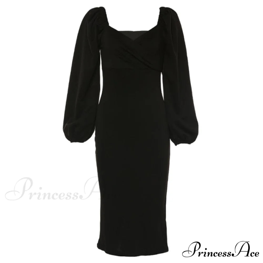 Solid Puff Sleeve Sexy Mid-Calf Dresses black / S