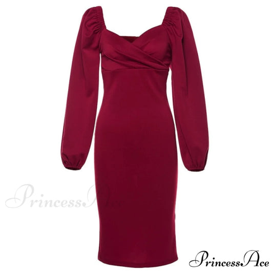 Solid Puff Sleeve Sexy Mid-Calf Dresses Burgundy / S