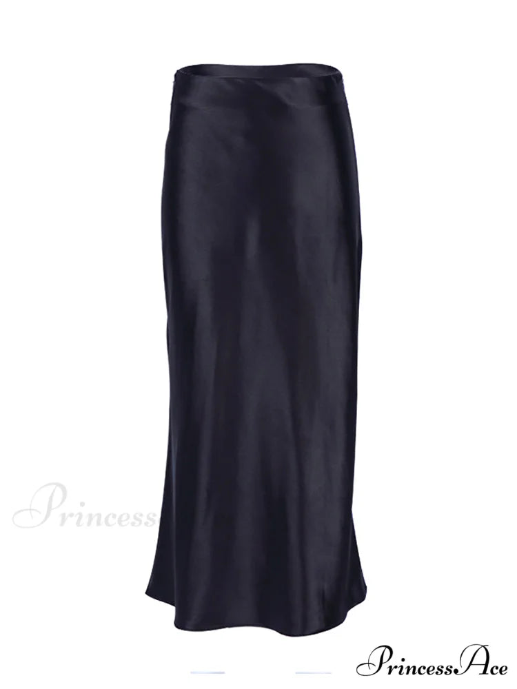 Solid Purple Satin Silk Skirt Black / S