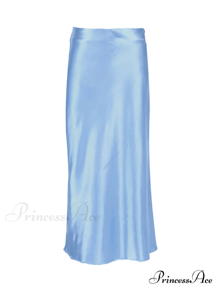 Solid Purple Satin Silk Skirt Blue / S