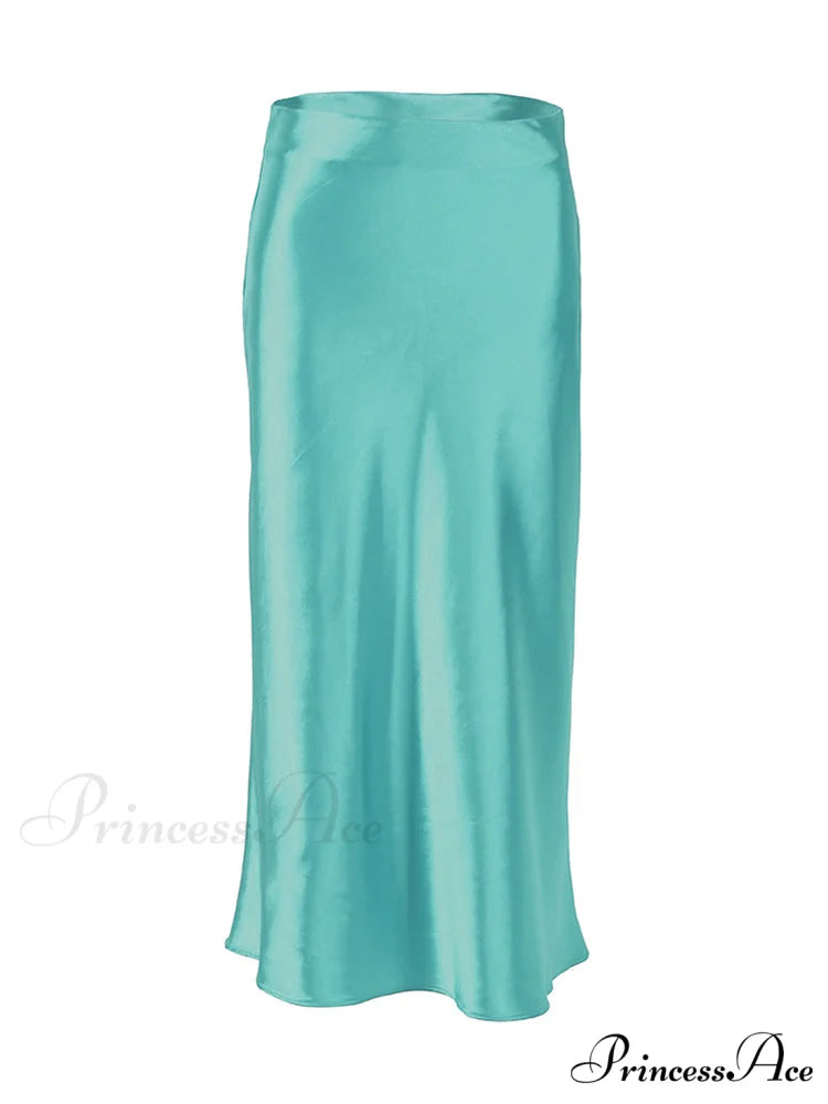 Solid Purple Satin Silk Skirt Cyan-blue / S