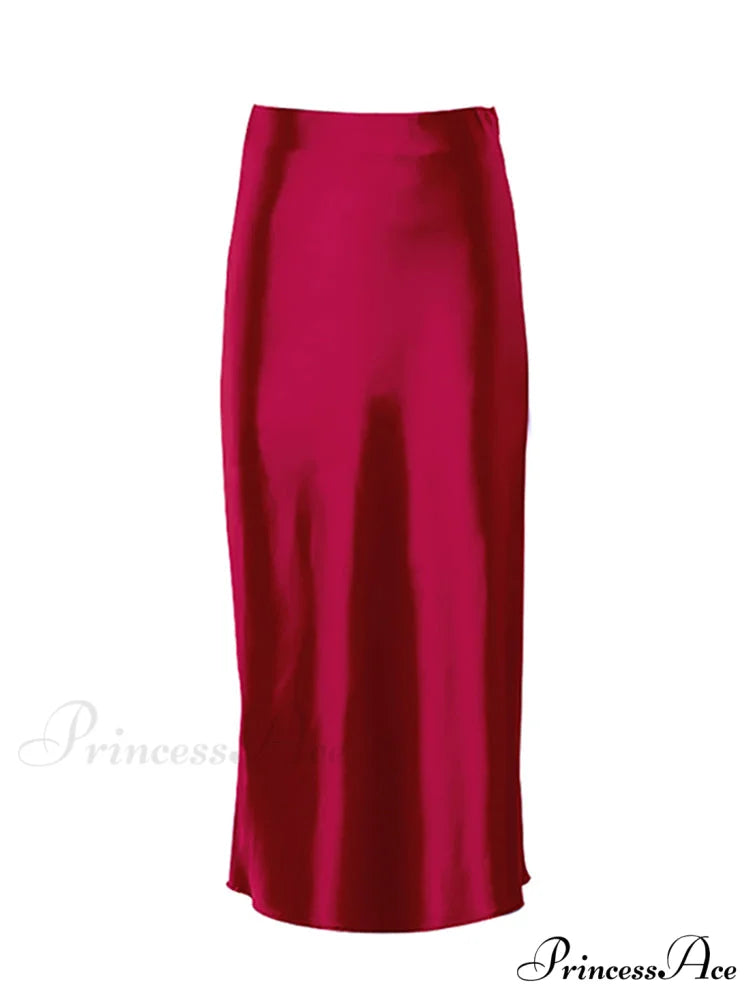 Solid Purple Satin Silk Skirt Red / S