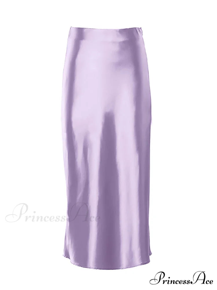 Solid Purple Satin Silk Skirt Purple / S