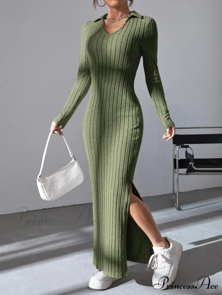 Solid Ribbed Knit Split Thigh Dress Army Green / XS