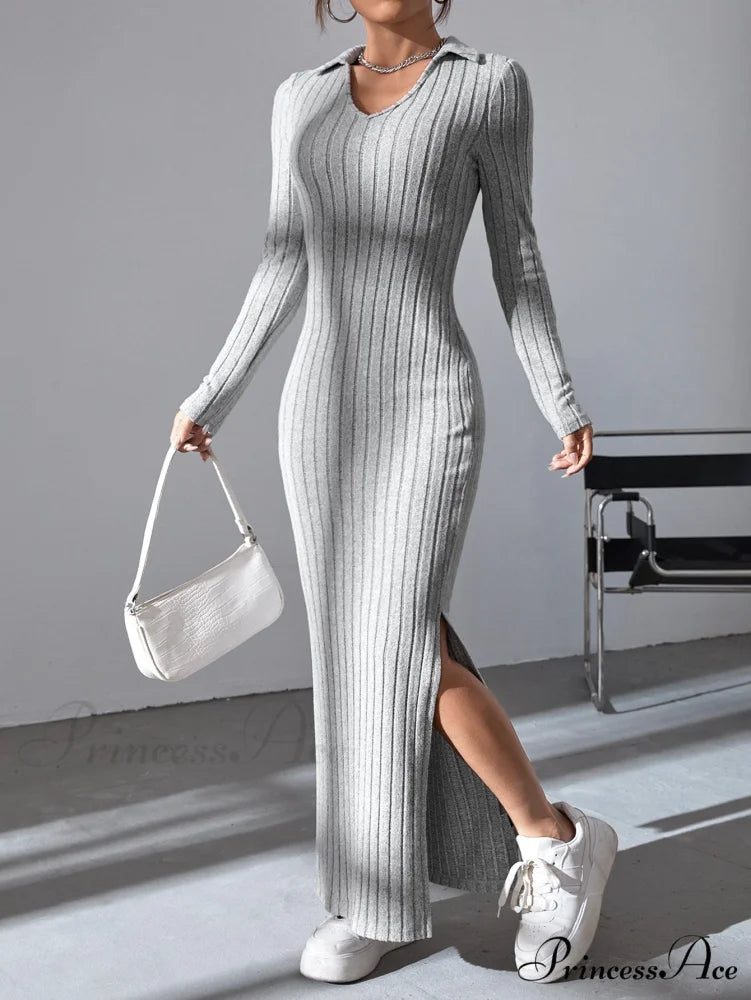 Solid Ribbed Knit Split Thigh Dress Light Grey / XS