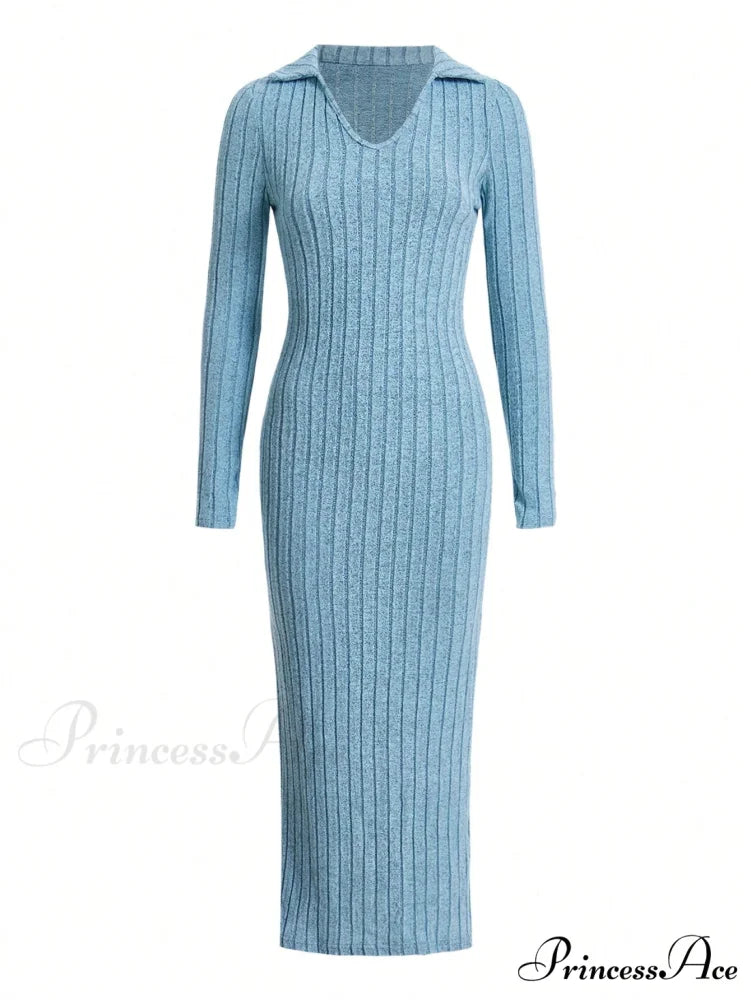 Solid Ribbed Knit Split Thigh Dress Mint Blue / XS