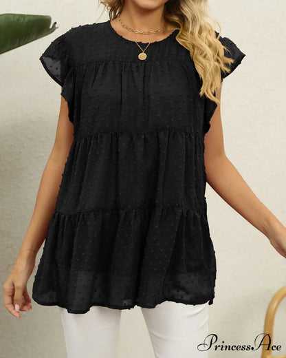 Solid Ruffle Color Arm Blouse Black / S