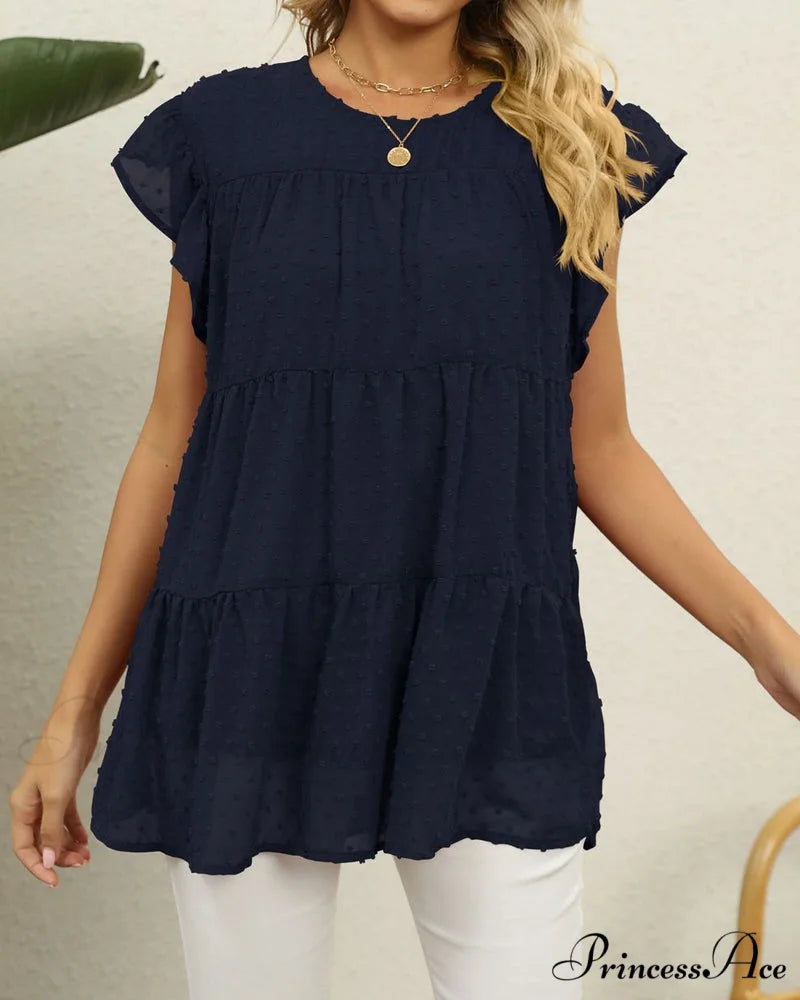 Solid Ruffle Color Arm Blouse Dark blue / S