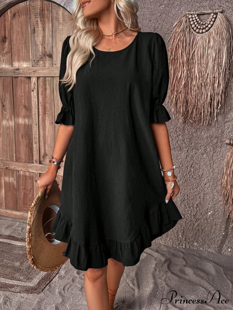 Solid Ruffle Hem Smock Dress Black / S
