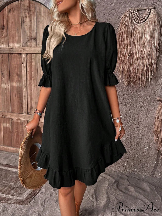 Solid Ruffle Hem Smock Dress Black / S