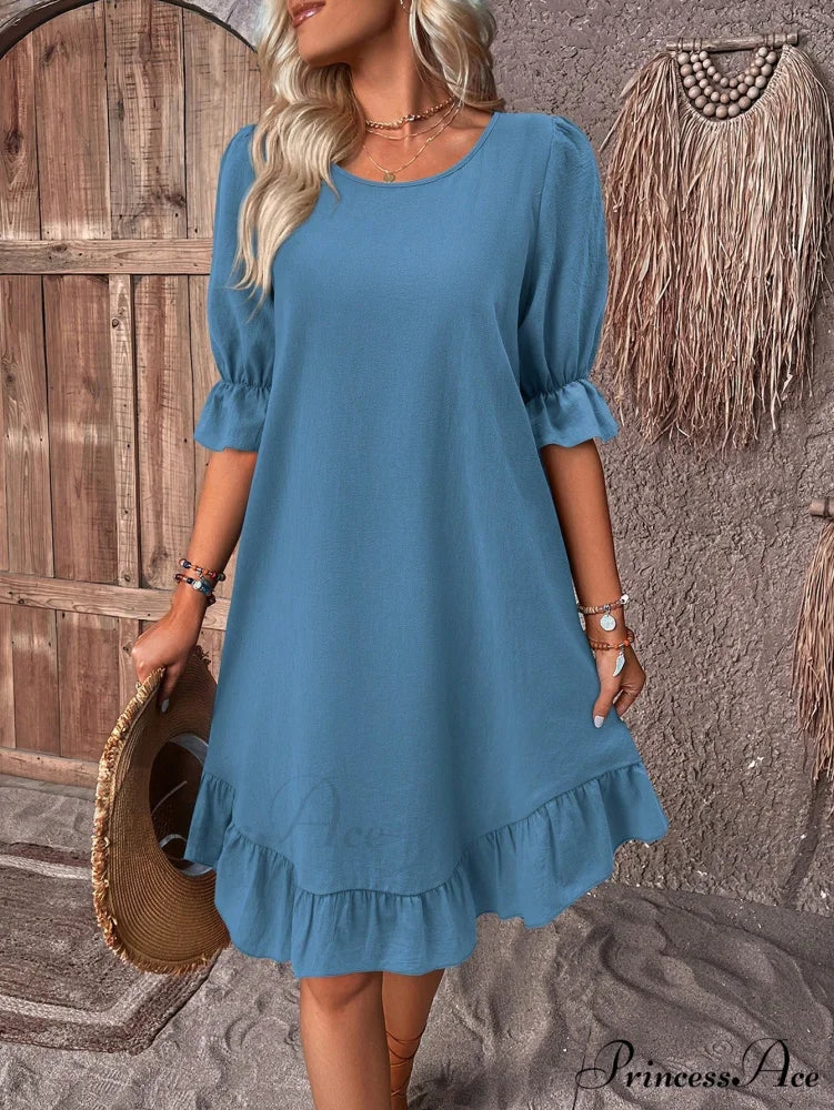Solid Ruffle Hem Smock Dress Dusty Blue / S