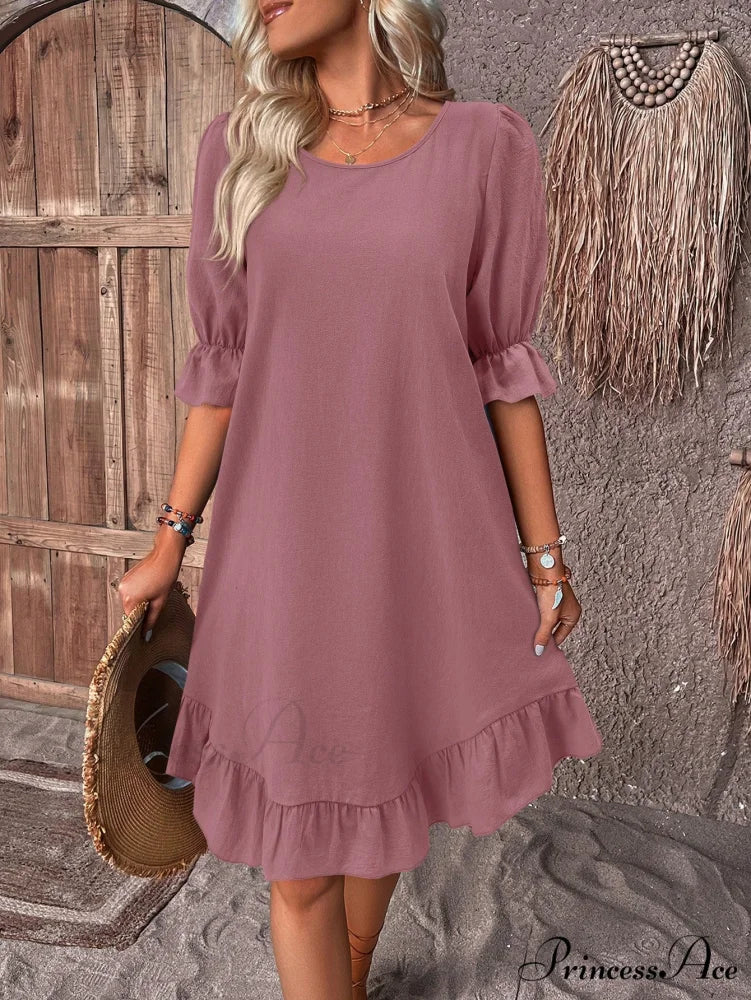 Solid Ruffle Hem Smock Dress Dusty Pink / S