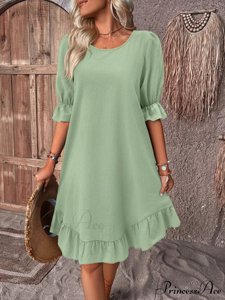 Solid Ruffle Hem Smock Dress Mint Green / S