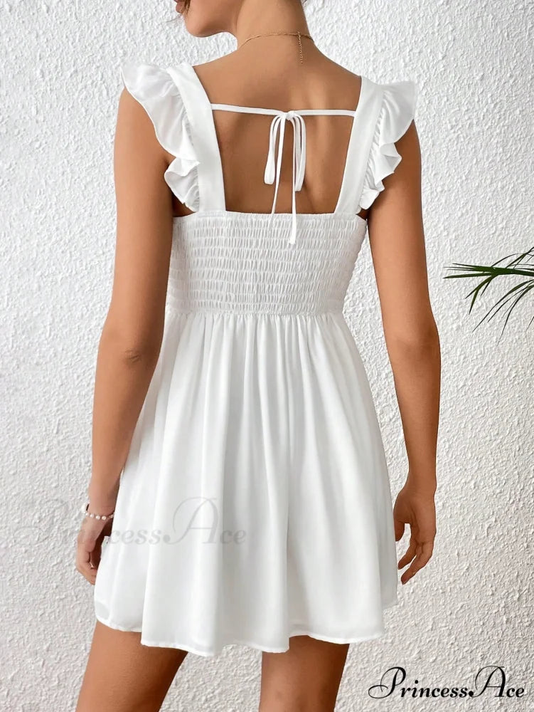 Solid Ruffle Trim Tie Back Dress