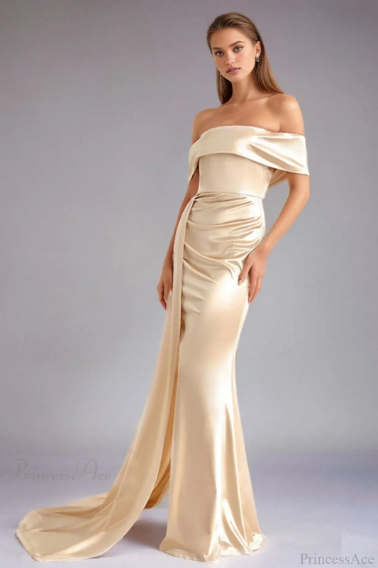 Solid Satin Off-the-Shoulder High Waist Mermaid Evening Dress