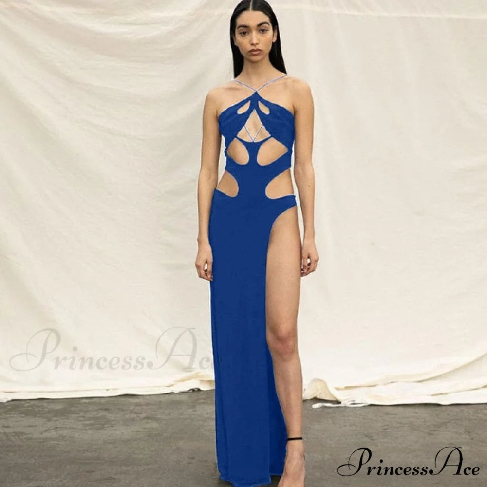 Solid Sexy Irregular Beach Vacation Long Dresses Blue / S