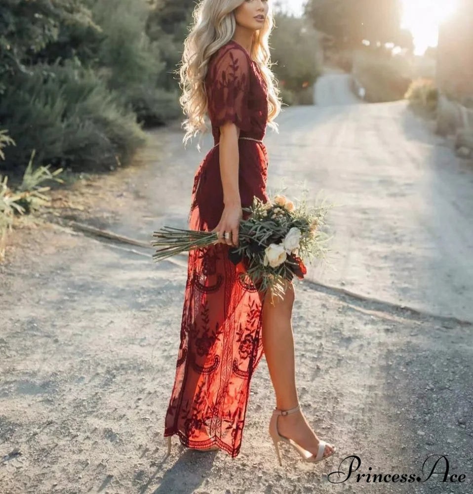 Solid Short Sleeve Beach Sexy Loose Bohemian Maxi Dress claret / One Size