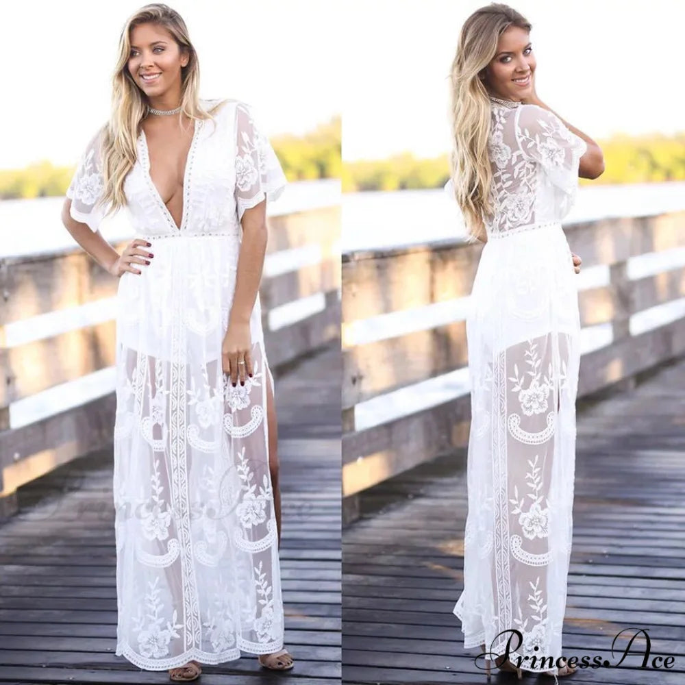 Solid Short Sleeve Beach Sexy Loose Bohemian Maxi Dress White / One Size