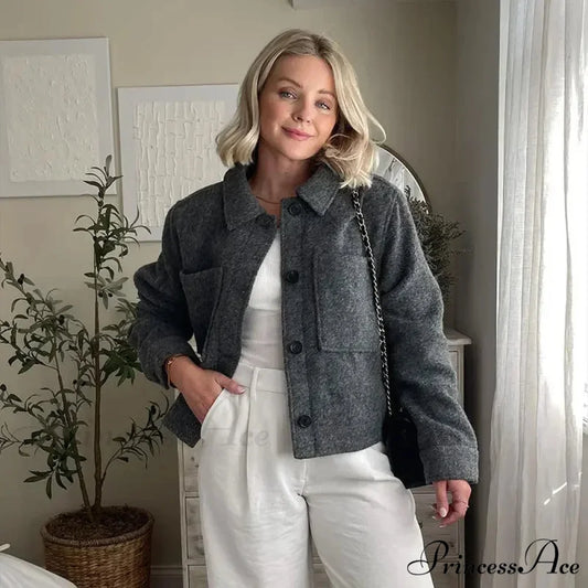 Solid Single-breasted Short Cotton Chic Lapel Long Sleeves Warm Elegant Coat Grey / XS