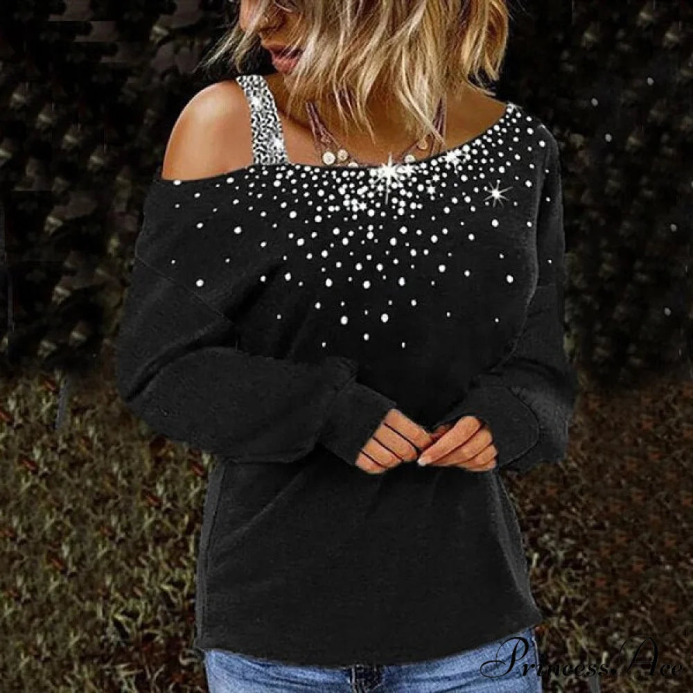 Solid Skew Neck Long Sleeves Casual Slim Fit T-shirt Black1 / S