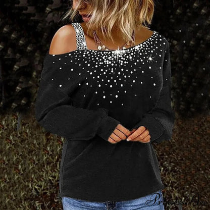 Solid Skew Neck Long Sleeves Casual Slim Fit T-shirt Black1 / S