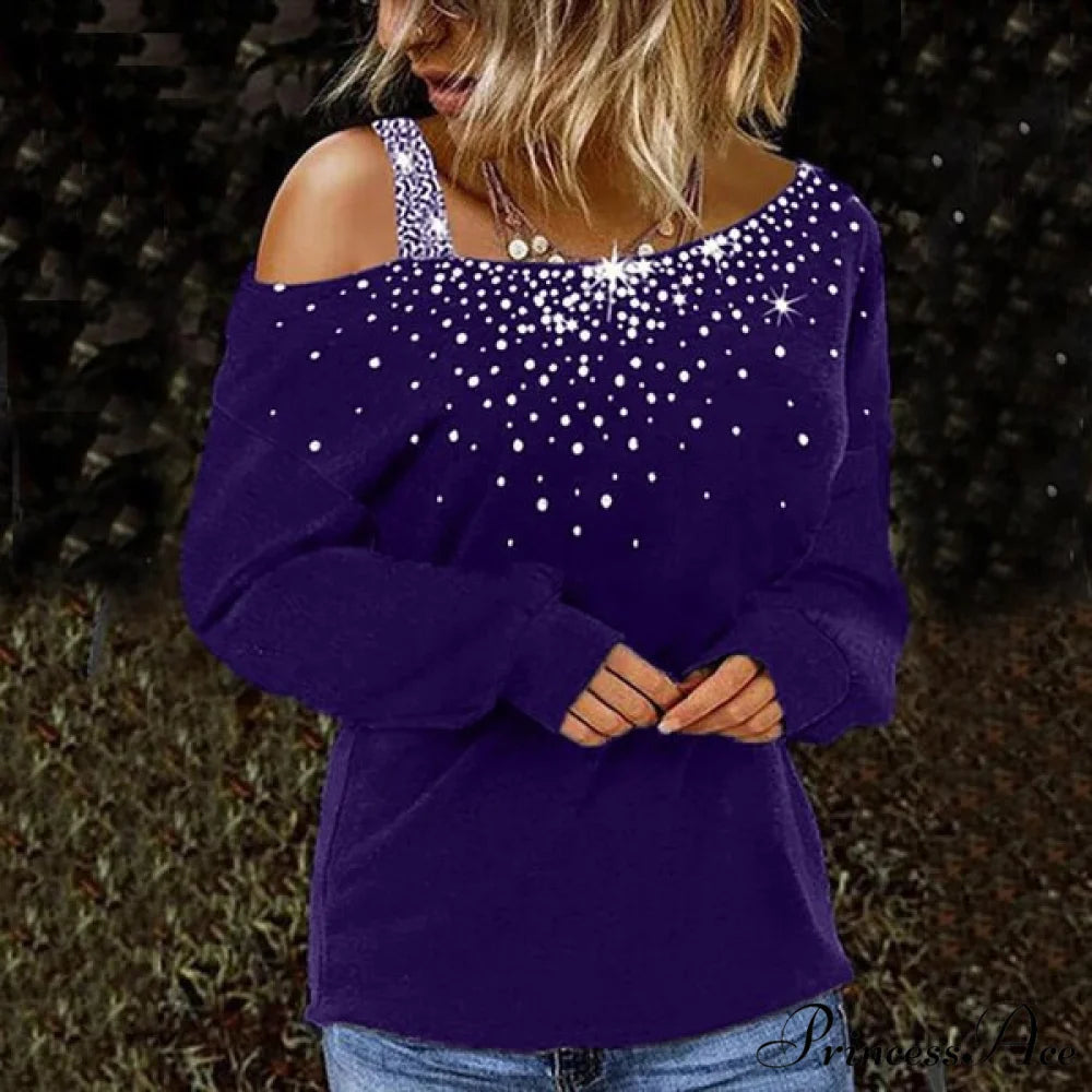 Solid Skew Neck Long Sleeves Casual Slim Fit T-shirt Blue 2 / S