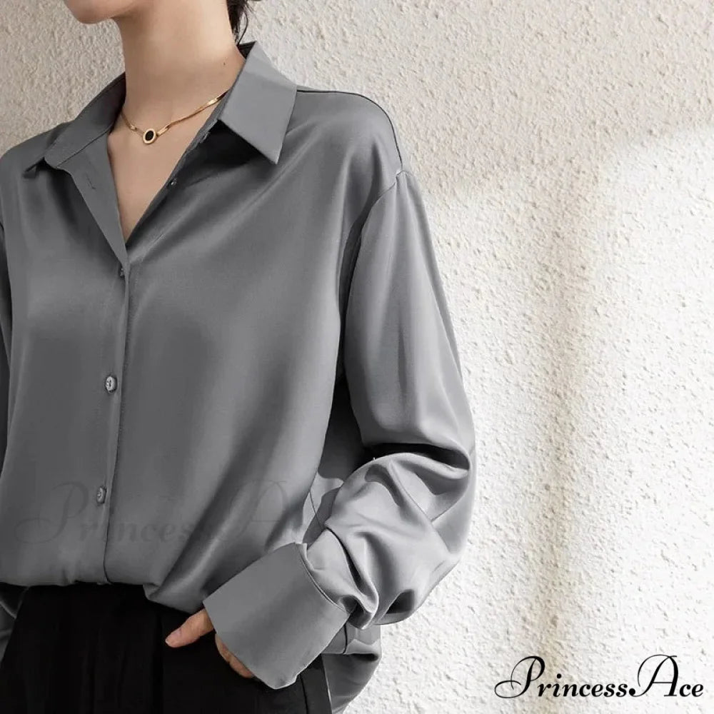 Solid Smooth Drape Baggy Long Sleeve Office Lady Blouse blouse-250126
