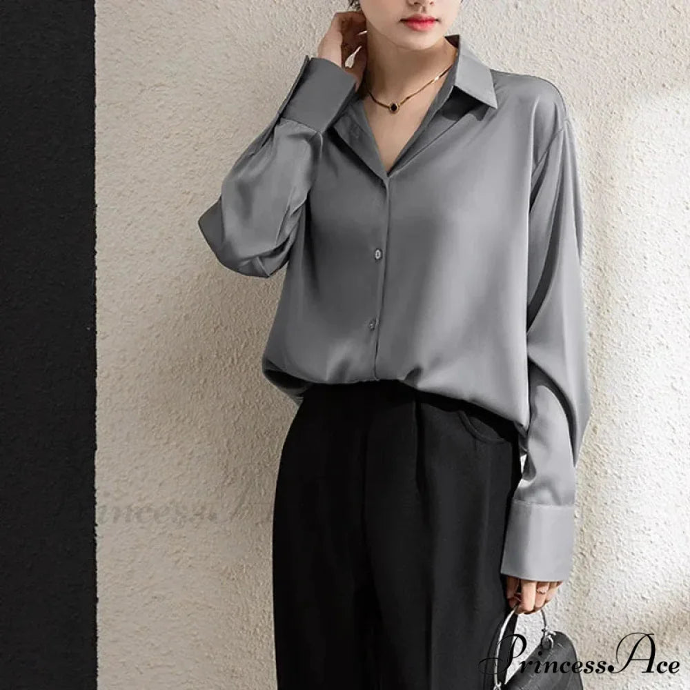 Solid Smooth Drape Baggy Long Sleeve Office Lady Blouse blouse-250126