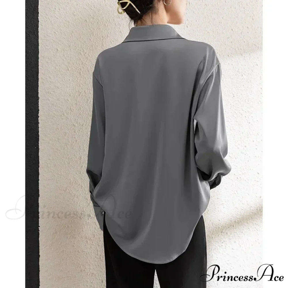 Solid Smooth Drape Baggy Long Sleeve Office Lady Blouse blouse-250126