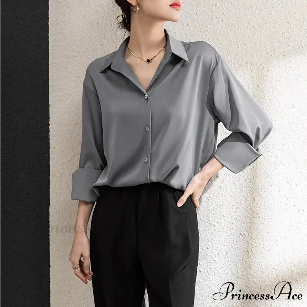 Solid Smooth Drape Baggy Long Sleeve Office Lady Blouse blouse-250126