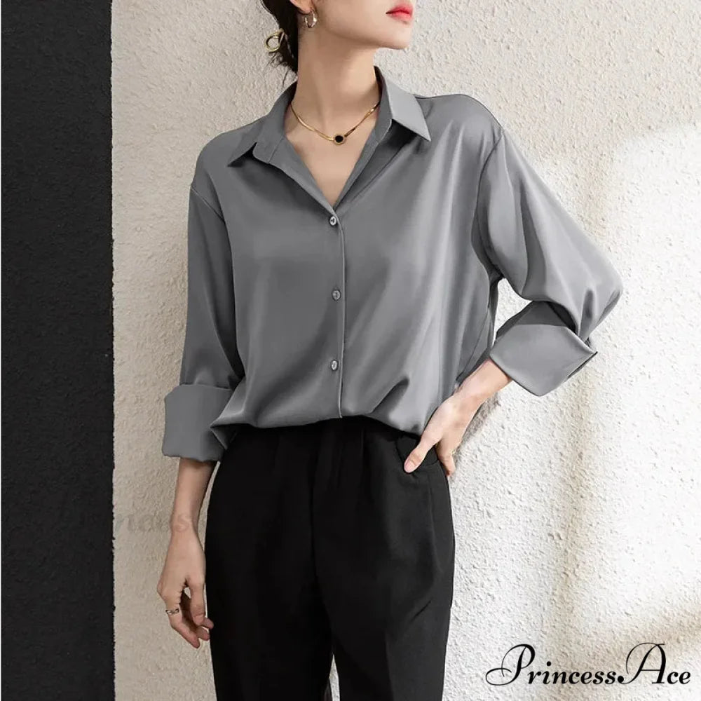 Solid Smooth Drape Baggy Long Sleeve Office Lady Blouse Silver / S blouse-250126