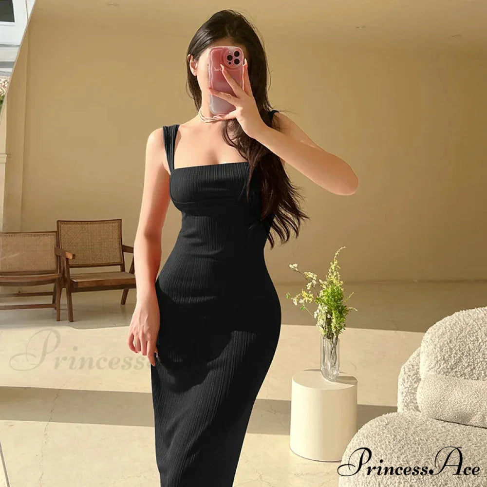 Solid Spaghetti Strap Backless Summer Casual Elegant Party Bodycon Dress Black / S
