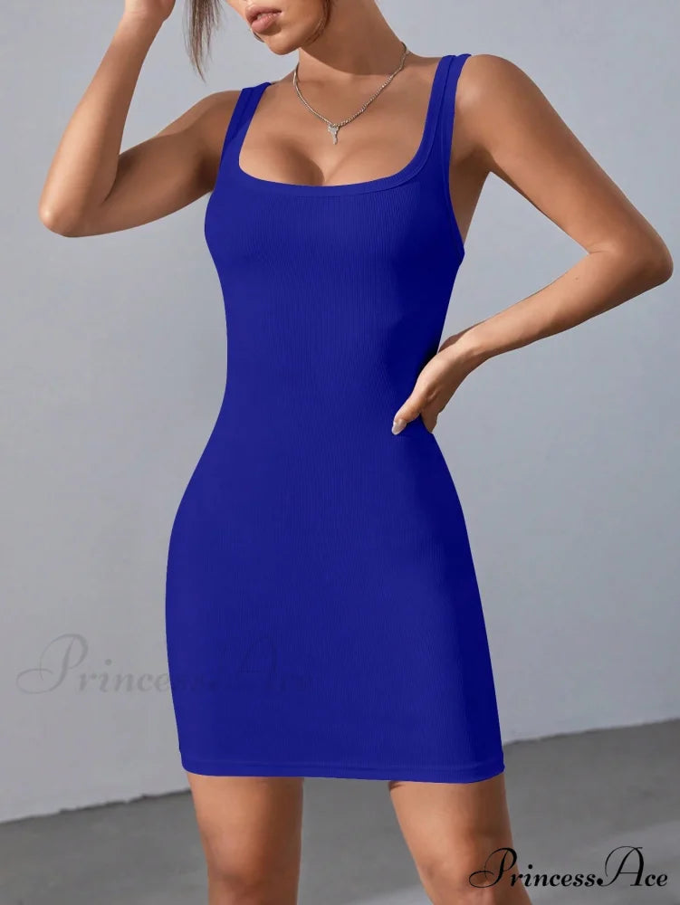 Solid Square Neck Tank Dress Royal Blue / XS