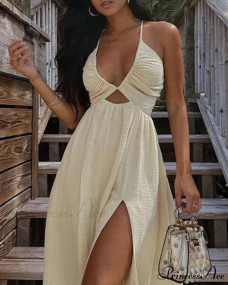 Solid Strap Slim Cut-out Slit Midi Dress for Women