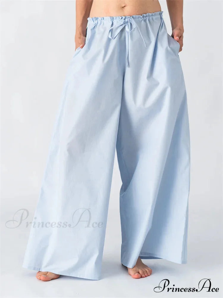 Solid/Striped Roomy Cinched Casual Broad Pant BLUE / S pant-250223