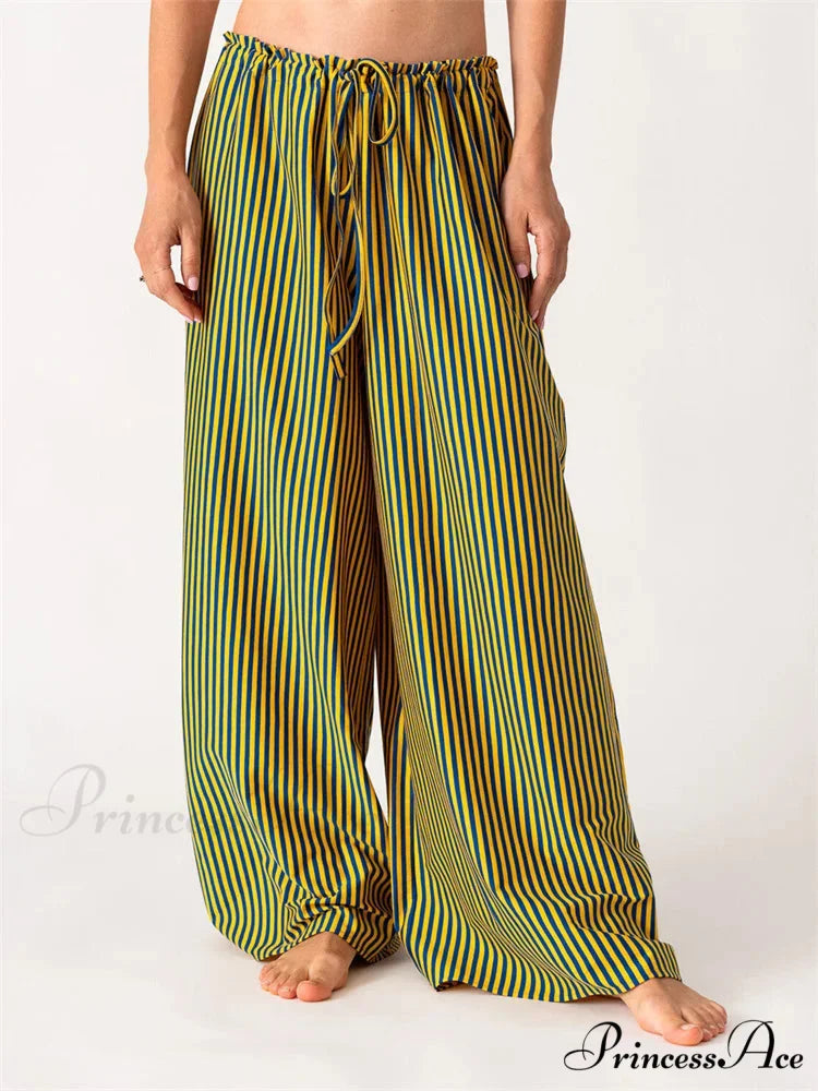 Solid/Striped Roomy Cinched Casual Broad Pant GREEN / S pant-250223