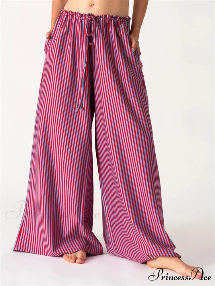 Solid/Striped Roomy Cinched Casual Broad Pant PINK / S pant-250223