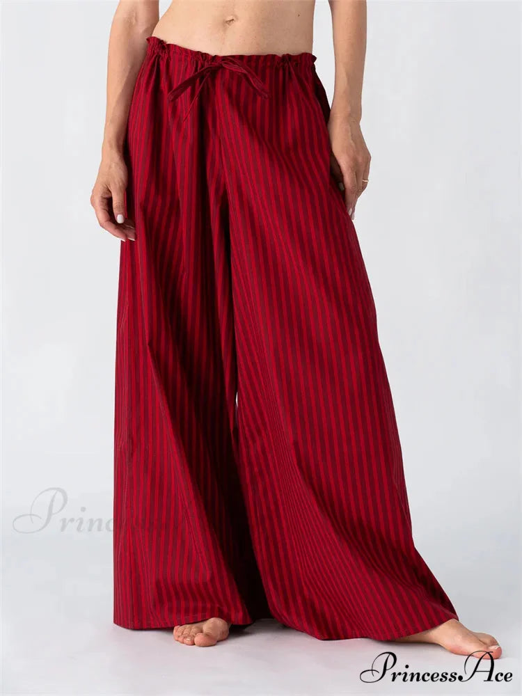Solid/Striped Roomy Cinched Casual Broad Pant RED / S pant-250223